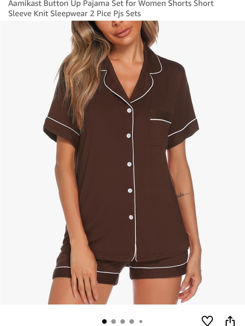 Aamikast Brown Short-Sleeve Button-Up Pajama Set with White Piping